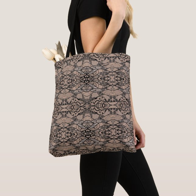 Faux Black Lace Fishnet Tote Bag (Close Up)