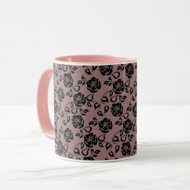 Faux Black Lace Rose Fishnet Coffee Mug Gift (Front Left)