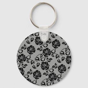 Faux Black Lace Rose Fishnet Keychain