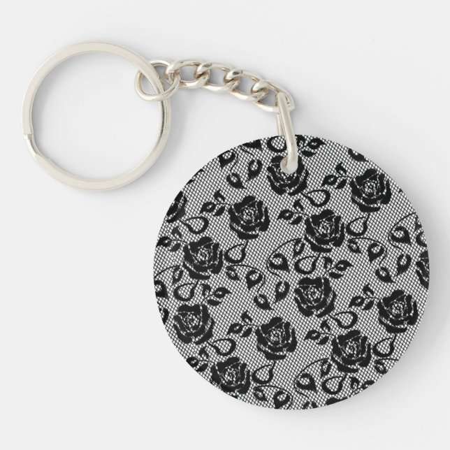 Faux Black Lace Rose Fishnet Keychain Gift (Front)
