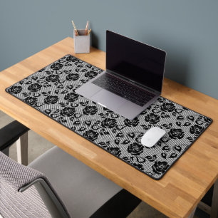 Faux Black Lace Rose Fishnet Modern Design Desk Mat