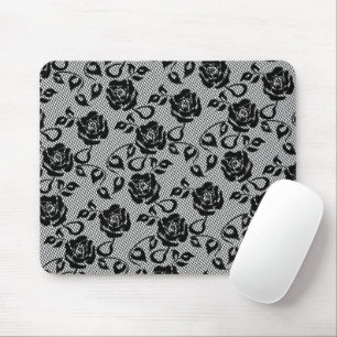 Faux Black Lace Rose Fishnet Mouse Pad