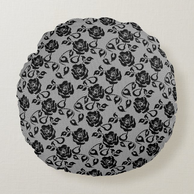 Faux Black Lace Rose Fishnet Round Pillow (Front)