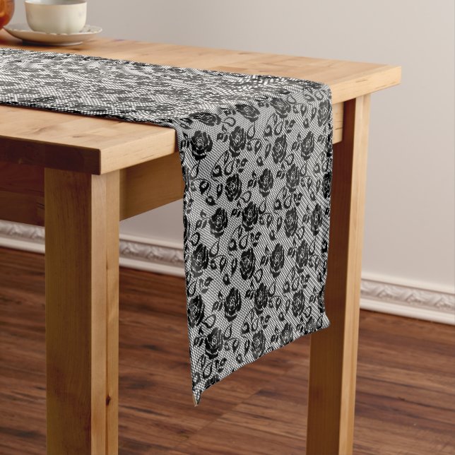 Faux Black Lace Rose Fishnet Table Runner (In Situ)
