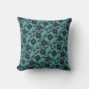 Faux Black Lace Rose Fishnet Teal Throw Pillow
