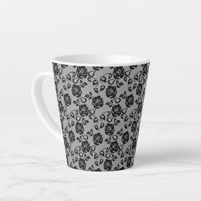 Faux Black Lace Roses Fishnet Latte Mug (Left Angle)
