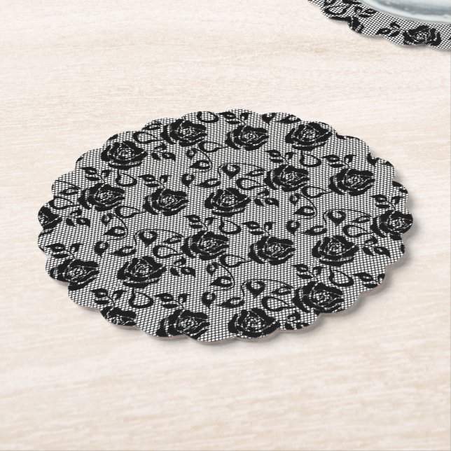 Faux Black Lace Roses Fishnet Paper Coaster (Angled)