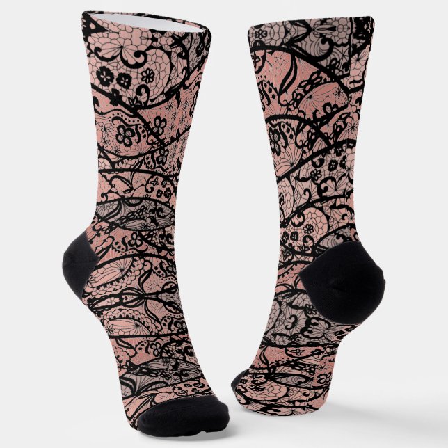 Faux Black Lace Socks Fishnet Floral (Angled)