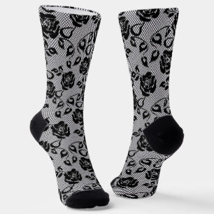 Faux Black Lace Socks Fishnet Roses