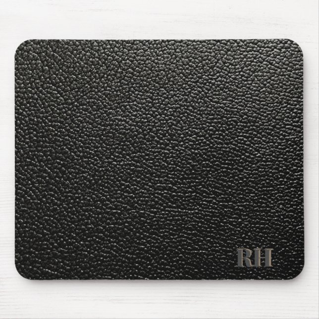 Faux Black Leather Custom Monogrammed Initials Mouse Pad (Front)