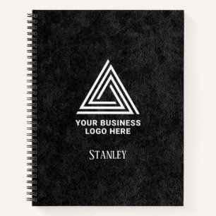 Faux Black Leather Minimalist Logo Employee Name Notebook