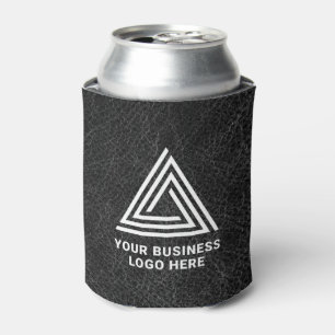 Faux Black Leather Modern Business Logo Can Cooler