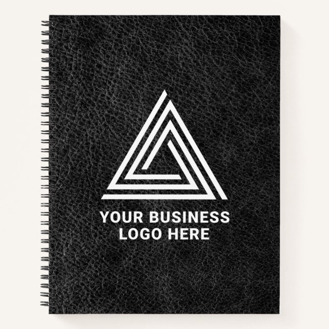 Faux Black Leather Modern Business Logo Notebook (Front)