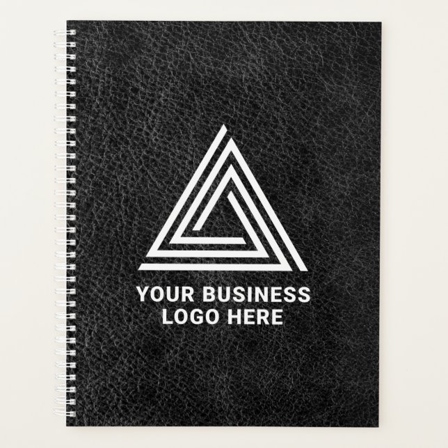Faux Black Leather Modern Business Logo Planner (Front)