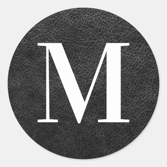 Faux Black Leather Modern Monogram Classic Round Sticker (Front)