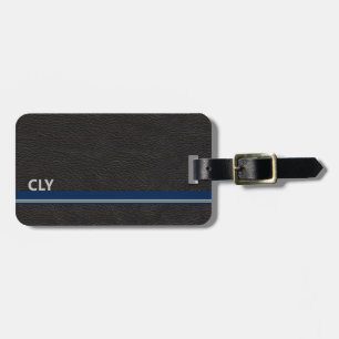 Faux Black Leather Monogram Blue Bar  Luggage Tag