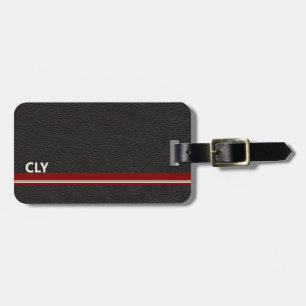 Faux Black Leather Monogram Dark Red Bar  Luggage Tag