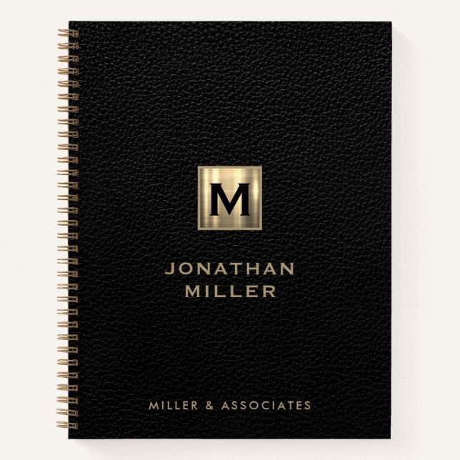 Faux Black Leather Print Gold Initial Logo Notebook (Front)