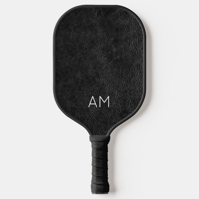 Faux Black Leather Two Letter Monogram Pickleball Paddle (Front)