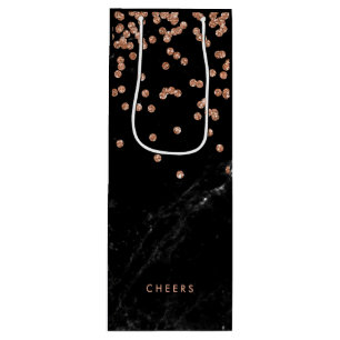 Faux Black Marble with Faux Rose Gold Confetti Wine Gift Bag