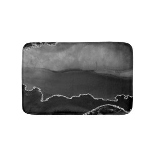 Faux Black Marbled Agate Elegant Silver Glitter Bath Mat