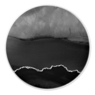 Faux Black Marbled Agate Elegant Silver Glitter Ceramic Knob