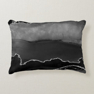 Faux Black Marbled Agate Elegant Silver Glitter Decorative Cushion