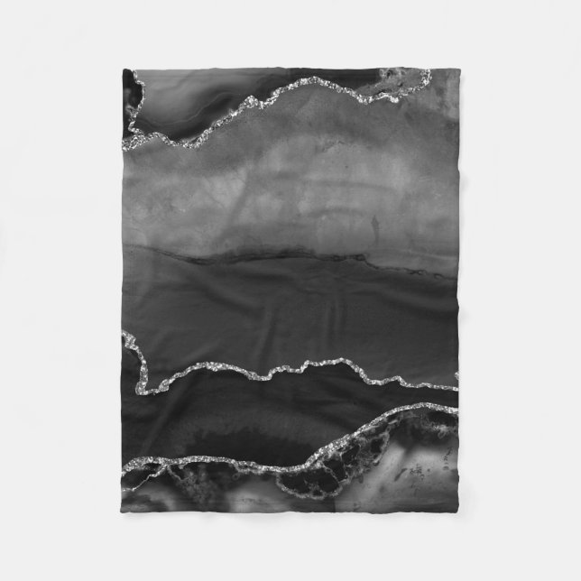 Faux Black Marbled Agate Elegant Silver Glitter Fleece Blanket (Front)