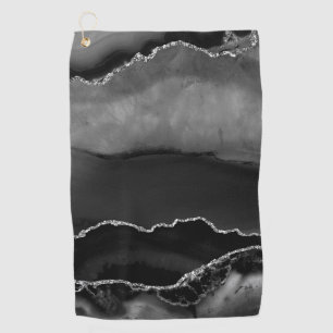 Faux Black Marbled Agate Elegant Silver Glitter Golf Towel