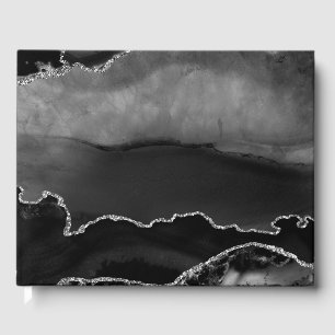Faux Black Marbled Agate Elegant Silver Glitter Guest Book