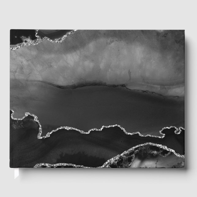 Faux Black Marbled Agate Elegant Silver Glitter Guest Book (Front)