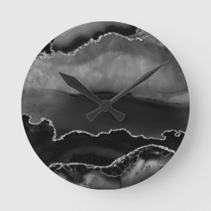 Faux Black Marbled Agate Elegant Silver Glitter Round Clock