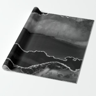 Faux Black Marbled Agate Elegant Silver Glitter Wrapping Paper