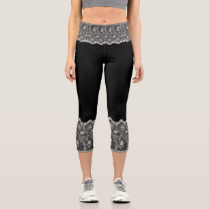 Faux Black Roses Lace Fishnet - Romantic Elegant Capri Leggings