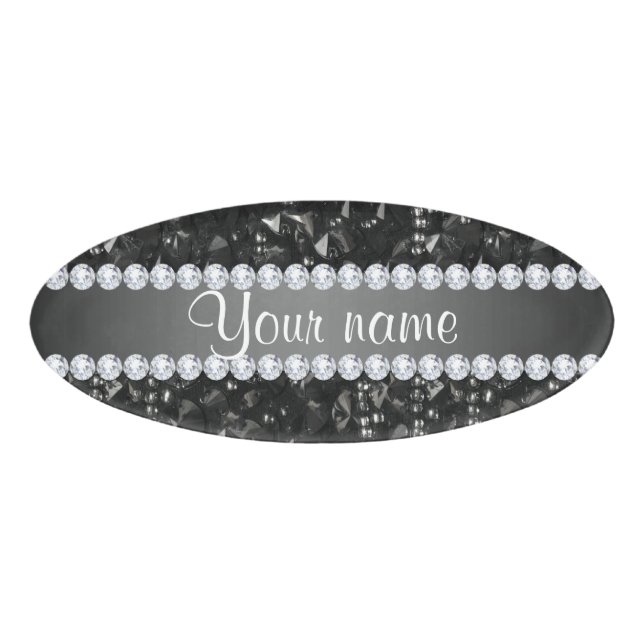 Faux Black Sequins and Diamonds Name Tag (Front)