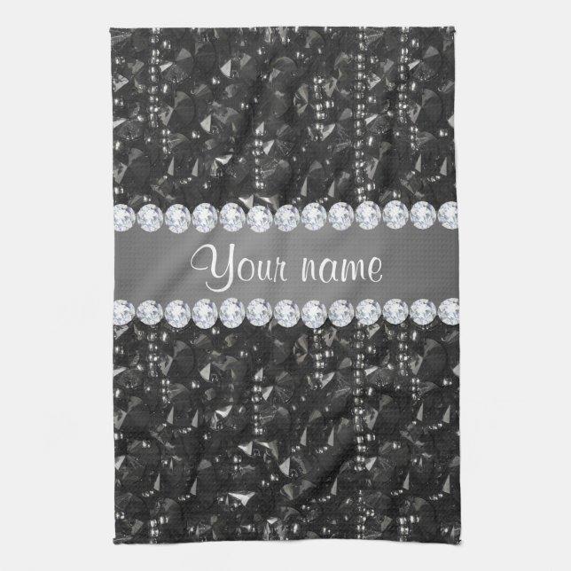 Faux Black Sequins and Diamonds Tea Towel (Vertical)