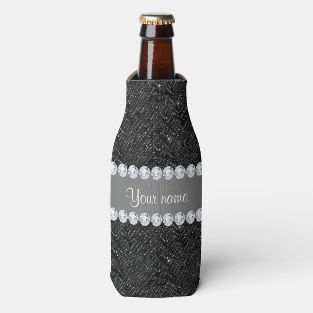 Faux Black Sequins Sparkles and Diamonds Bottle Cooler (Bottle Front)