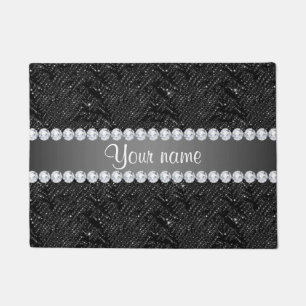 Faux Black Sequins Sparkles and Diamonds Doormat