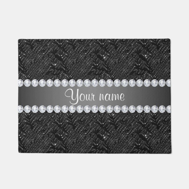 Faux Black Sequins Sparkles and Diamonds Doormat (Front)