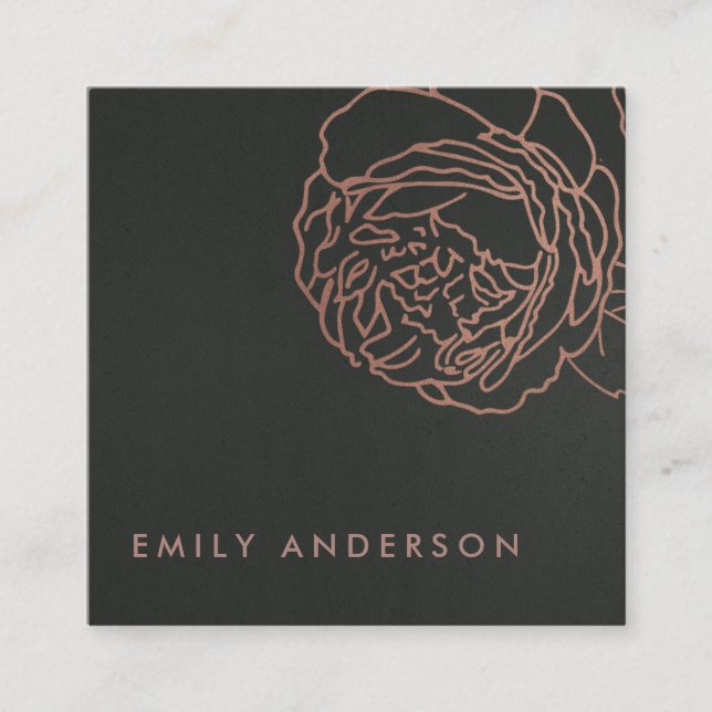 FAUX BLACK STEEL GREY BLUSH PINK ROSE GOLD FLORAL SQUARE BUSINESS CARD (Front)