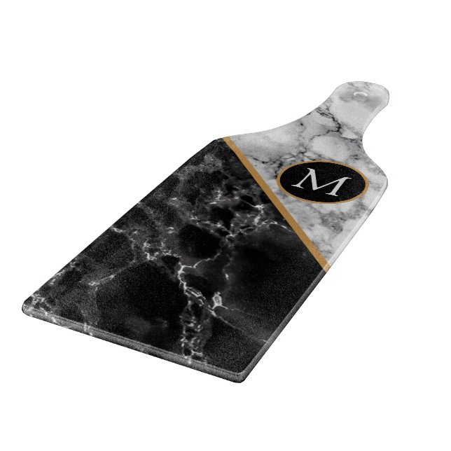 Faux Black White Marble Cutting Board Your Letter (Corner)