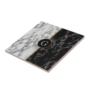 Faux Black White Marble Tile with Custom Letter