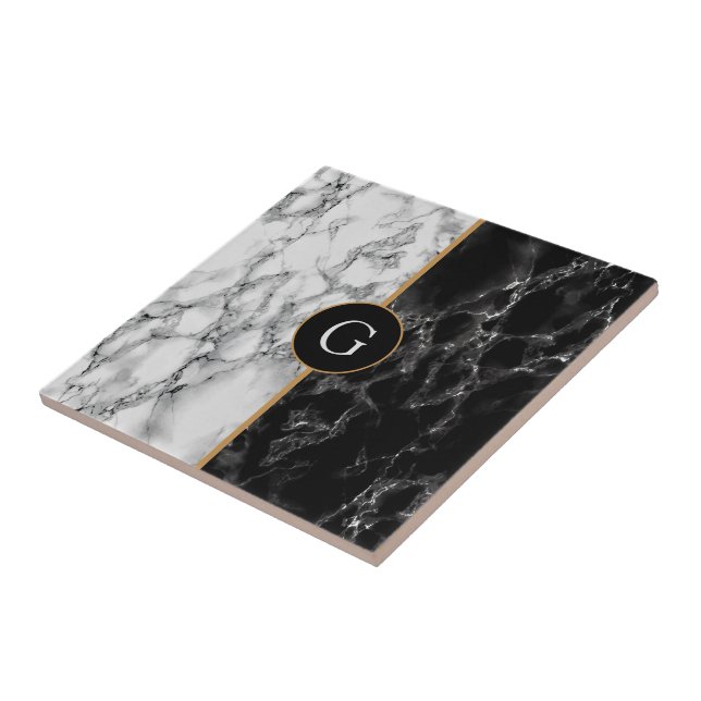 Faux Black White Marble Tile with Custom Letter (Side)