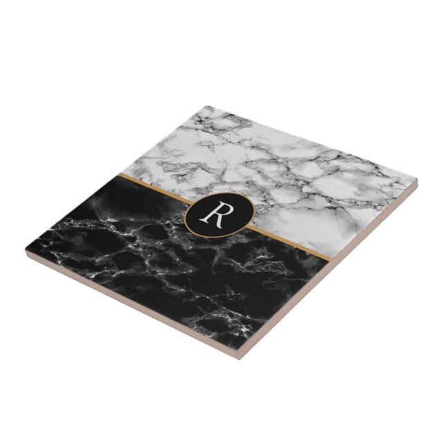 Faux Black & White Marble - Your Letter Monogram Tile (Side)