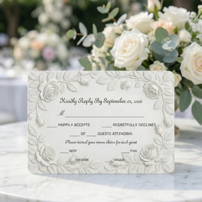 Faux Blind Embossed Rose Floral Bas-Relief Effect RSVP Card (Creator Uploaded)