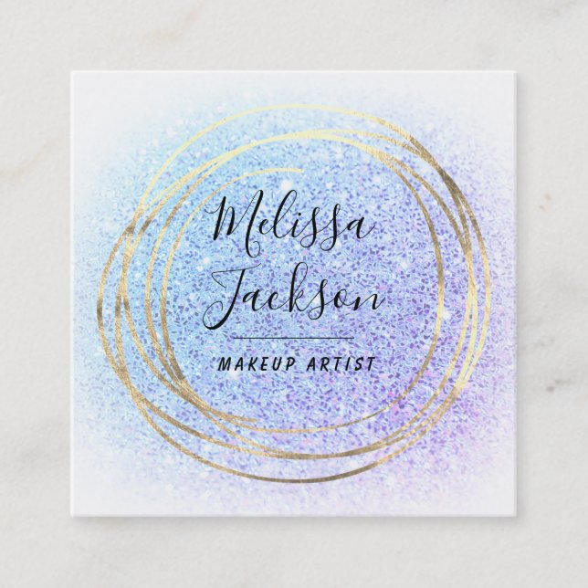 faux blue and purple glitter decor square business card (Front)