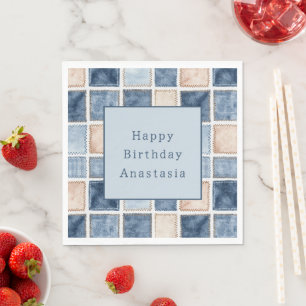 Faux Blue Cream Denim Jean Birthday Napkin