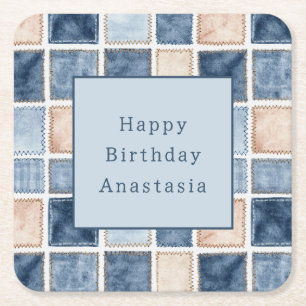 Faux Blue Cream Denim Jean Birthday Square Paper Coaster