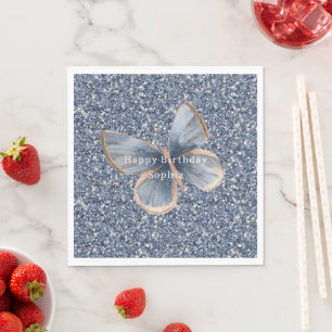Faux Blue Denim Butterfly Glitter Birthday Napkin