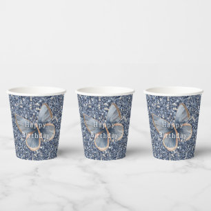 Faux Blue Denim Butterfly Glitter Birthday Paper Cups